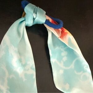 Chic Aqua & Red Silk Hair Scarf with Ponytail Band